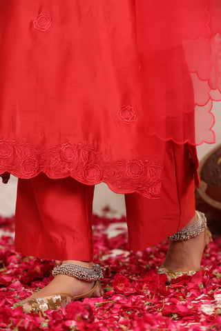 Red Floral Chanderi Suit Set