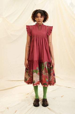 Maroon Poppy Bloom Smocking With Cap Sleeves