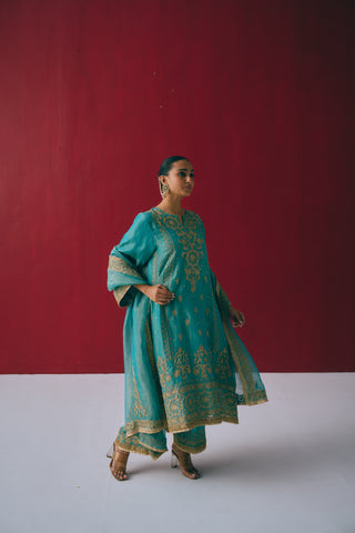 Firozi Zari Kurta Set