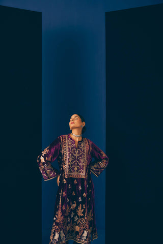 Purple Kashni Embroidered Velvet Kurta Set