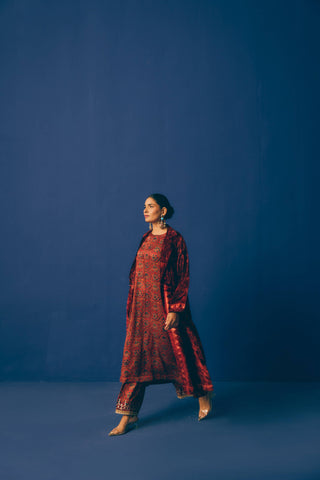 Ruhani Red Velvet Overcoat Set