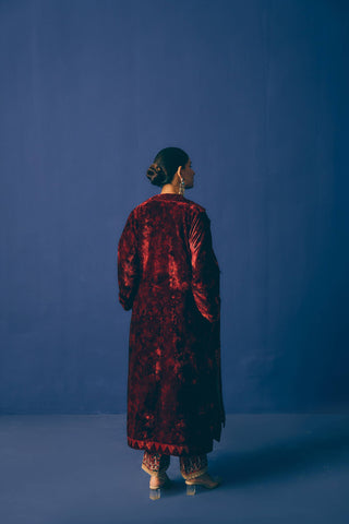 Ruhani Red Velvet Overcoat Set