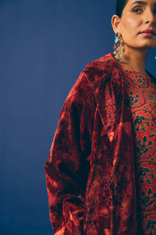 Ruhani Red Velvet Overcoat Set