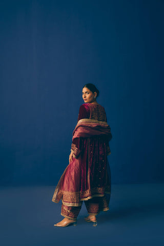 Maroon Aari Velvet Suit Set