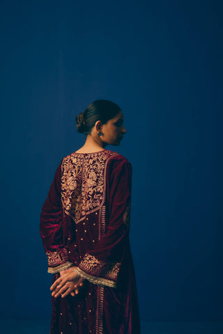 Maroon Aari Velvet Suit Set
