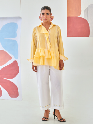 Yellow check asymmetric shirt with floral embroidery white pants