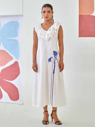 White A line dress with ruffled neckline & embroidery detail