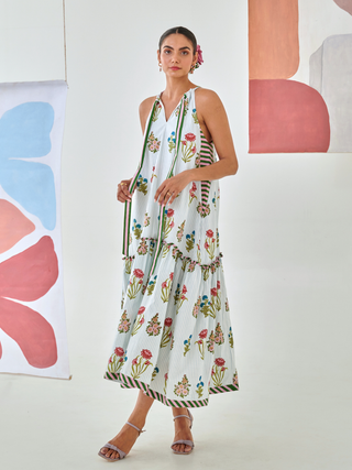 Aqua floral printed tie up maxi