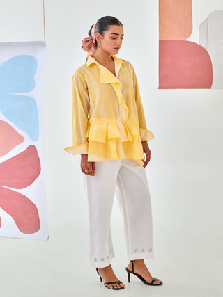 Yellow check asymmetric shirt with floral embroidery white pants