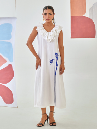 White A line dress with ruffled neckline & embroidery detail