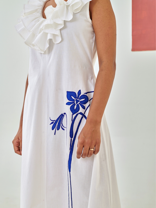 White A line dress with ruffled neckline & embroidery detail