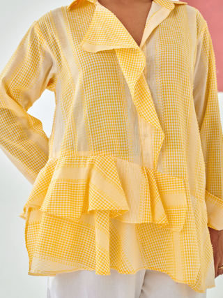 Yellow check asymmetric shirt with floral embroidery white pants