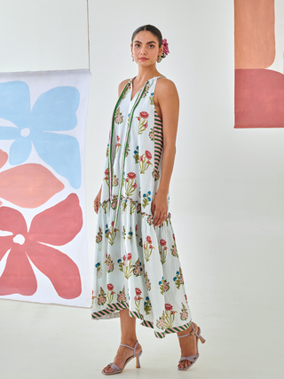 Aqua floral printed tie up maxi