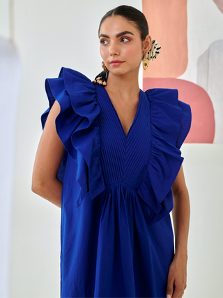 Blue short ruffled dress with pintuck detail