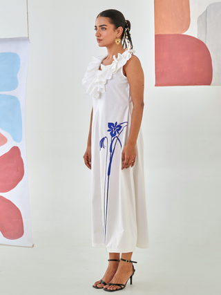 White A line dress with ruffled neckline & embroidery detail