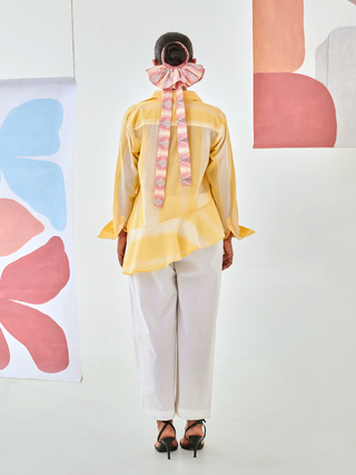 Yellow check asymmetric shirt with floral embroidery white pants