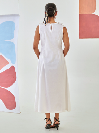 White A line dress with ruffled neckline & embroidery detail