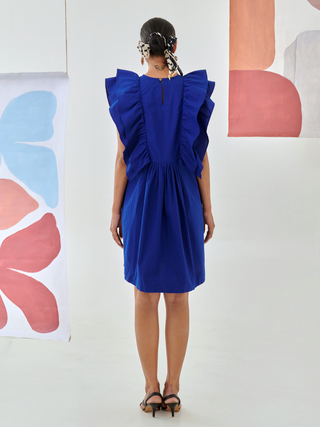 Blue short ruffled dress with pintuck detail