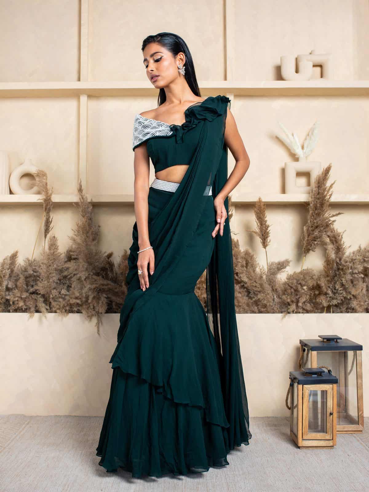 Mehendi outfit -Fish Cut Drape Saree with a Pearl Belt
